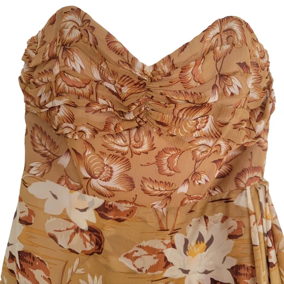 Anna Sui Strapless Silk Georgette Dress Brown Floral Ruched Wrap-Effect … - Picture 6 of 17